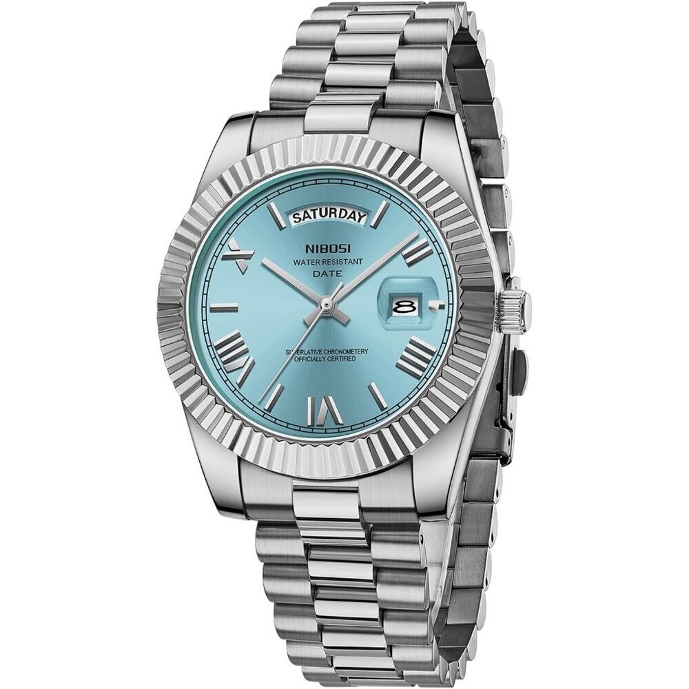 Men's Silver Cyan Stainless Steel Analog Classic Design Stylish Wrist Watch